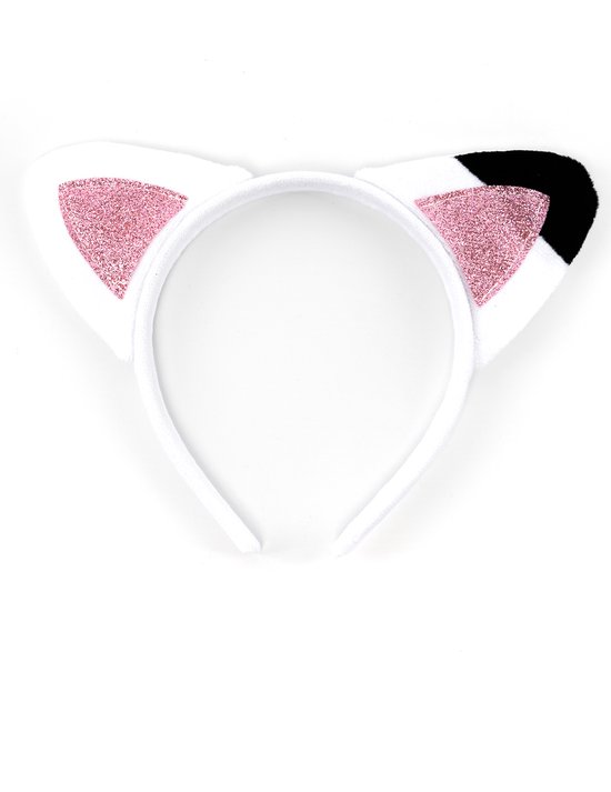 Witte diadeem met kattenoren. De oren zijn van pluche met roze glitter aan de binnenkant en een zwart puntje.