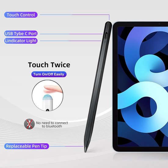2-in-1 Active Stylus Pen - Touchscreen Pen - Stylus Pen Tablet - Pencil - Voor Tablet, Smartphone en iPad - Universele Actieve Stylus Pen met USB-C Poort - Palmrejectie - Magnetisch - Geschikt Voor o.a. Tekenen - Pencil- Teken pen - Zwart van Merkloos — afbeelding 5