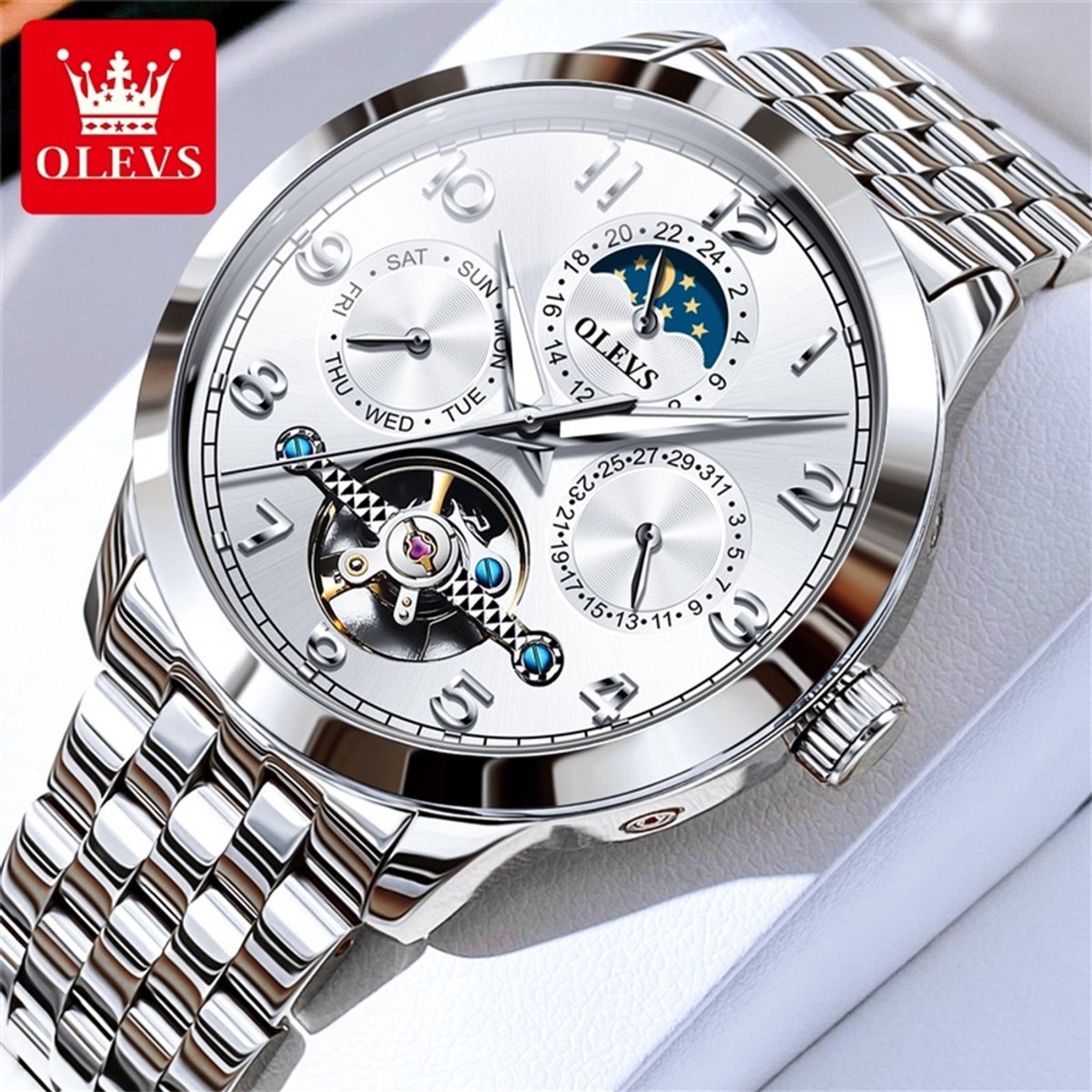 HO-7018.z : OLEVS mechanisch zilverkl edelstalen Tourbillon horloge, alphin witte wijzerplaat, seconden Skeleton, dag dag vd maand 24u-maanfase -aanduiding