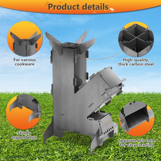 Rocket stove Kachel Kooktoestel Campingkooktoestellen Kookset Buiten Koken BBQ incl. grillplaat en firepitpook van Merkloos — afbeelding 3
