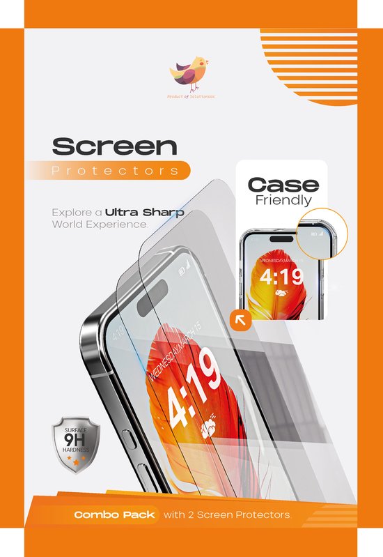 Screenprotectors, combo pack met 2 screenprotectors, 9H hardheid, hoesvriendelijk.