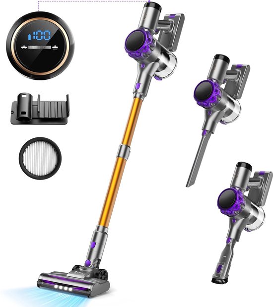 Fieety 550W/45Kpa Aspirateur Balai sans Fil,60Mins Aspirateur sans Fil Puissant Ecran Tactile,Rechargeable Support Mural, Anti-étranglement, Aspirateur balais pour Tapis,Sols Durs,Poils d'animaux