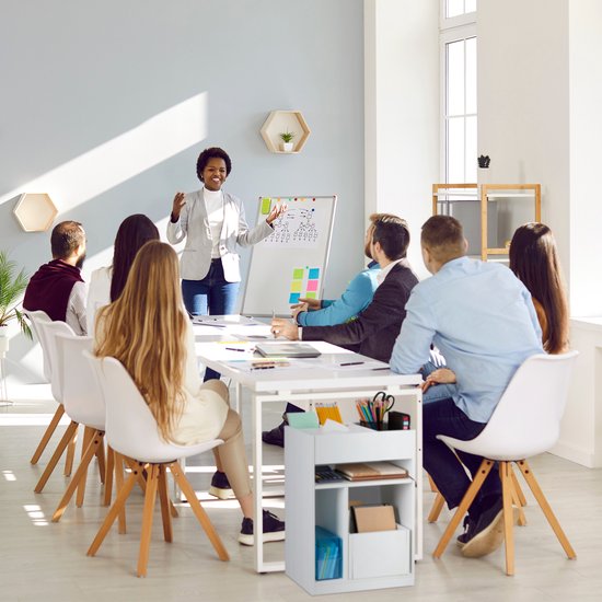 Vrouw geeft training voor een flip-over, met een groep luisteraars.