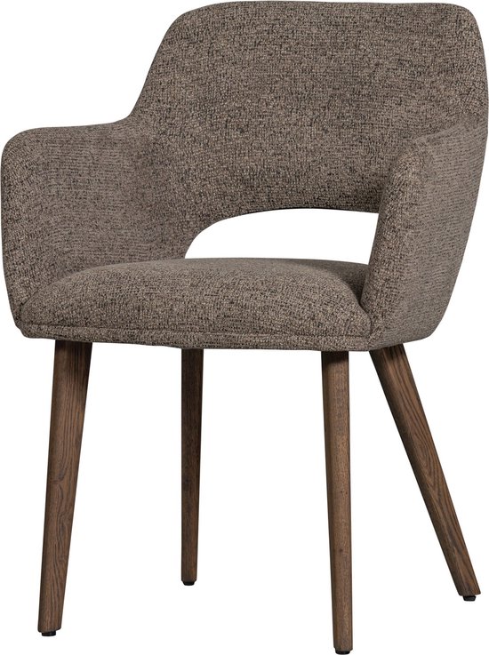 Taupe stoffen eetkamerstoel met open rugleuning en houten poten.