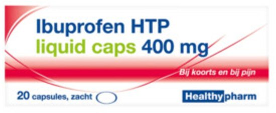 Verpakking Ibuprofen HTP liquid caps 400 mg, 20 capsules zacht. Rode en witte lijnen op de voorkant. Tekst in het Nederlands.