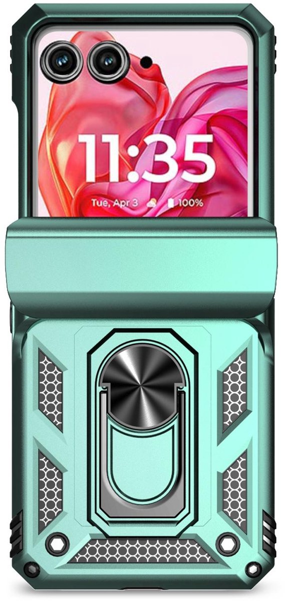 Mobigear Hoesje geschikt voor Motorola Razr 50 Telefoonhoesje Hardcase | Mobigear Armor Ring Backcover Shockproof met Ringhouder | Schokbestendig Razr 50 Telefoonhoesje | Anti Shock Proof - Groen