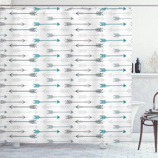 Rideau de douche blanc avec des rangées horizontales de motifs de flèches en gris et sarcelle.