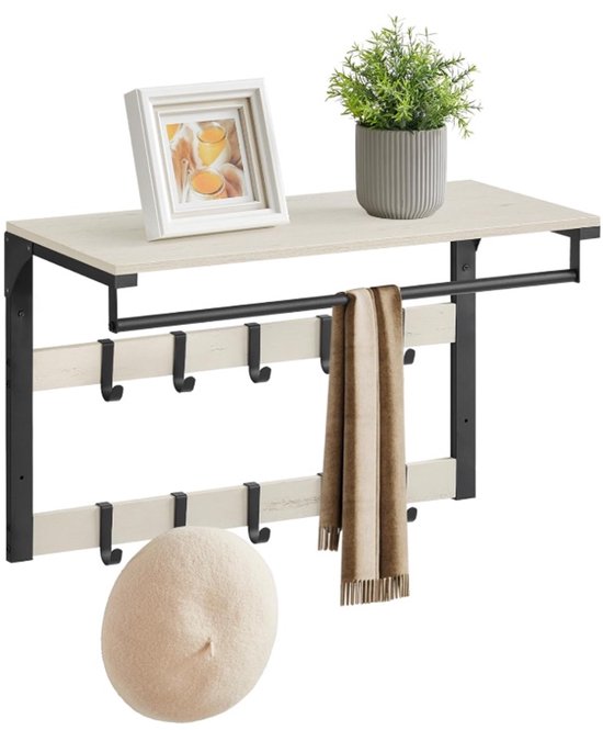 VASAGLE Wandkapstok, met plank, wandrek met 10 afneembare haken, hangrek, wandmontage, 2 garderobesturen, kledingstang, voor hal, slaapkamer, badkamer, eikenkleur-wit LCR101W09