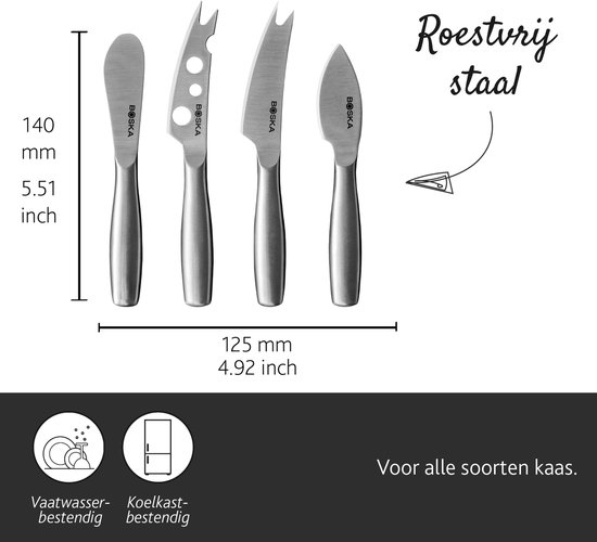 Afmetingen van vier roestvrijstalen kaasmessen: 140 mm hoog en 125 mm breed. Vaatwasser- en koelkastbestendig.