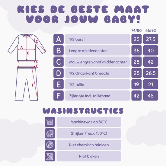 Maattabel voor babykleding met maten en wasinstructies.