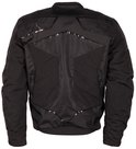 Achterkant van zwarte motorjas met hexagon- en glanzende panelen met DXR-logo.