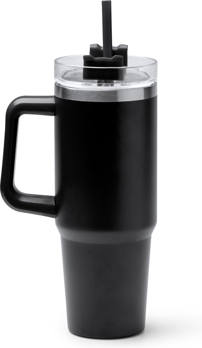 Kranston Thermos to go - Zwart - 870 ML - Thermosbeker met Handvat en Rietje - RVS beker - Travel cup - Mug to go - Thermosbeker - Drinkbeker to go - Thermosfles - dubbelwandige vacuüm geïsoleerde koffiebeker - Thee - Koffie
