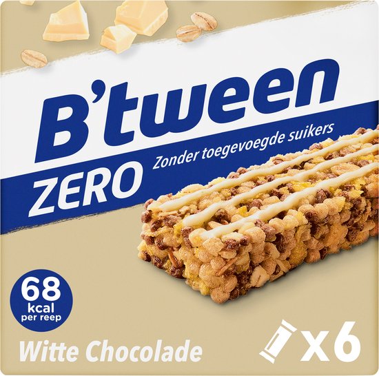B'tween Zero reep witte chocolade, 6 repen verpakt, 68 kcal per reep.
