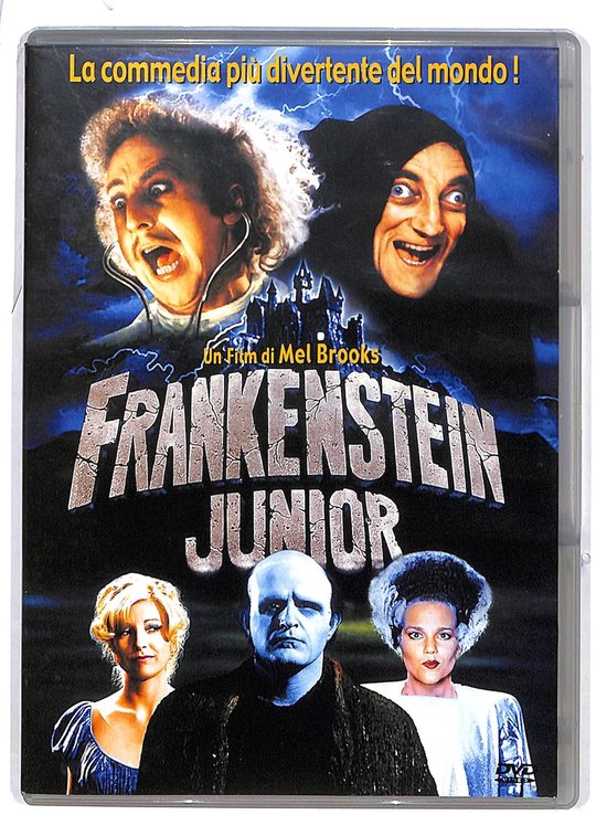 De voorkant van de DVD van Frankenstein Junior. Bovenin Gene Wilder en Marty Feldman, onderin Cloris Leachman, Peter Boyle en Madeline Kahn.