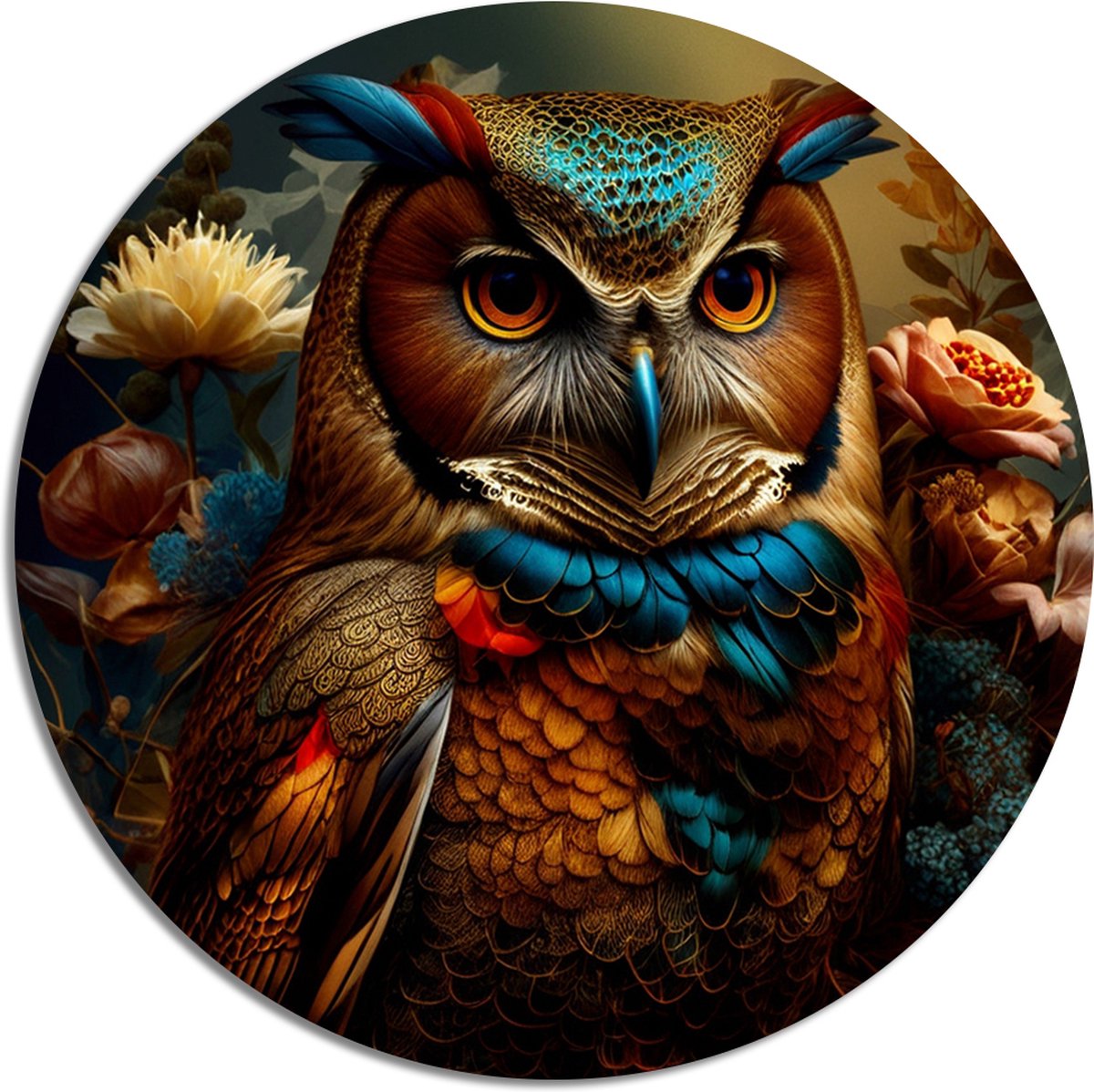 Muurcirkel Oog van Wijsheid - 60 x 60 cm - Natuur - Uil - Inclusief bevestiging - Aluminium - Wandcirkel - Voor binnen en buiten - Woonkamer - Metalen wanddecoratie - Muurdecoratie - Rond schilderij
