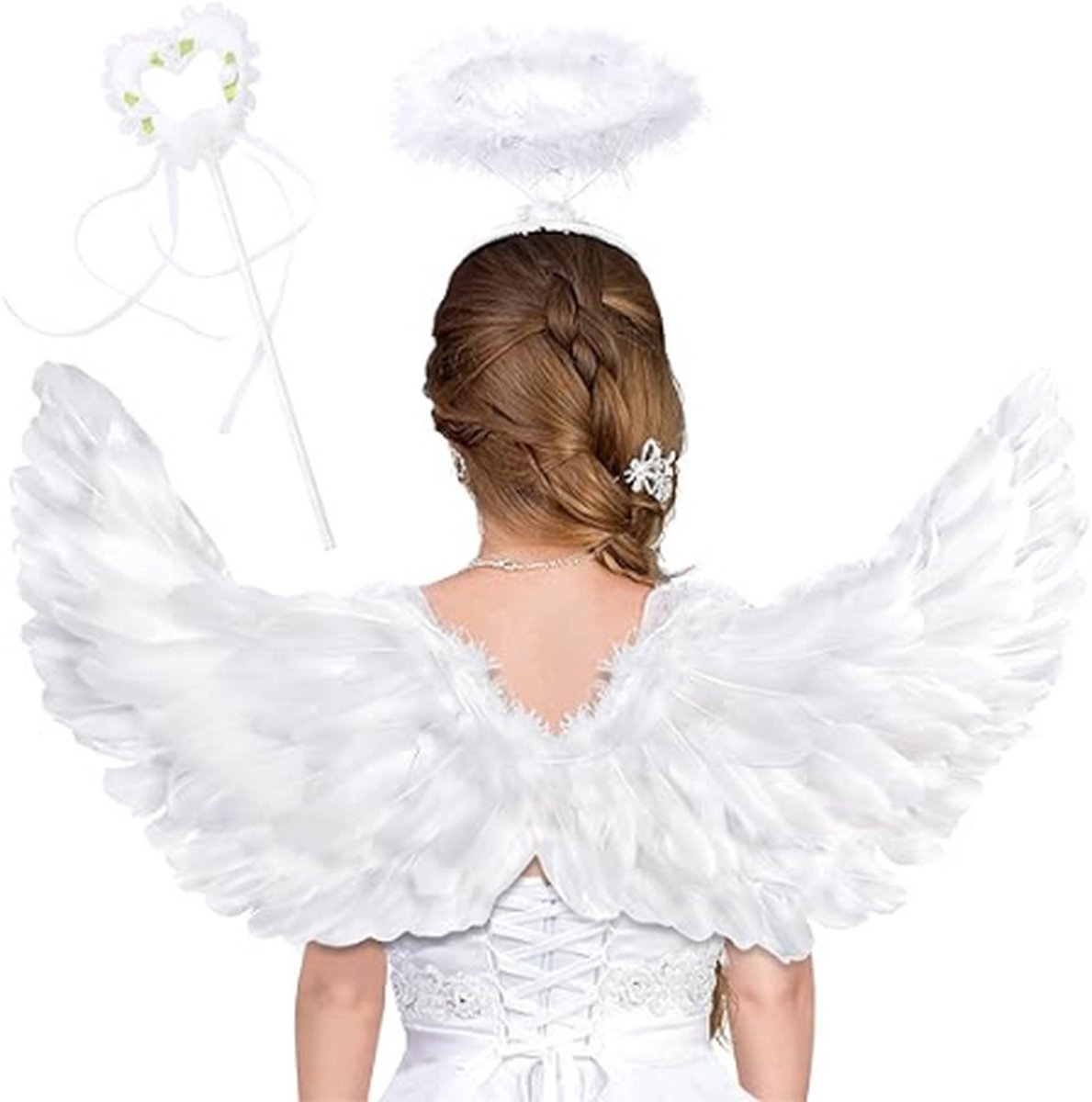 Engelenkostuum Voor Dames - Engelenvleugels Met Halo - Amor Kostuum Voor Dames, Kinderen, Heren, Volwassenen - Voor Carnaval, Verjaardag, Themafeest
