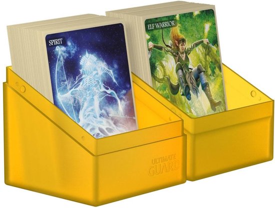 Twee gele Ultimate Guard Boulder deck cases gevuld met kaarten, 'Spirit' en 'Elf Warrior'.