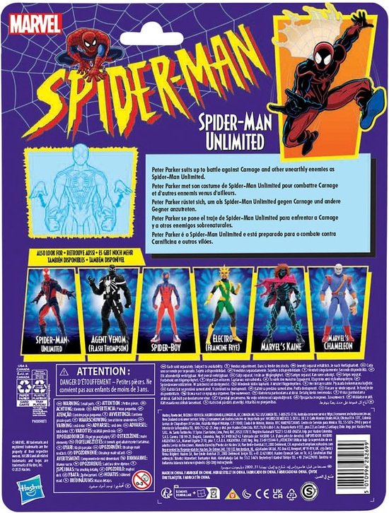 Achterkant van de verpakking met Spider-Man Unlimited en andere figuren, Marvel logo en productinformatie.