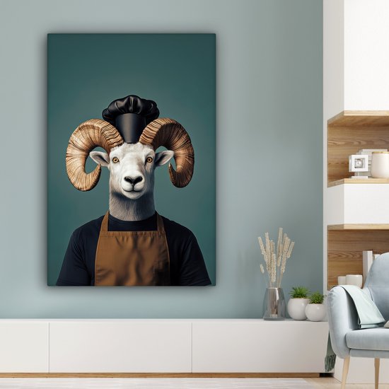 Tableau sur toile 80x120 cm - Décoration murale Chèvre - Cornes - Vêtements de chef - Décoration murale murale salon - Décoration chambre - Accessoires chambre - Peintures sur toile