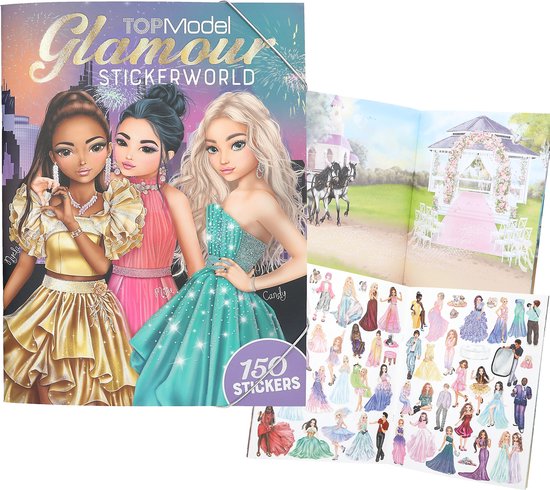 Voorkant met drie TOPModel poppen in glitterjurken. Openliggend boek met bruiloftsscène en stickers.