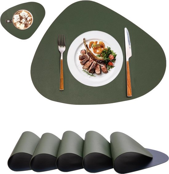 HELI MIAO Set van 6 placemats van imitatieleer, afwasbaar en waterdicht, placemats in lederlook met onderzetters, dubbelzijdig antislip (rond, lichtgrijs lichtblauw