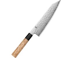 KAAMUT® Bunka Mes 21,5 cm – 49 Lagen Blue #2 Japans Damascusstaal – Vlijmscherp – Professioneel Koksmes – Handvat van Sycomorehout & Zwarte Buffelhoorn – Houten Geschenkverpakking