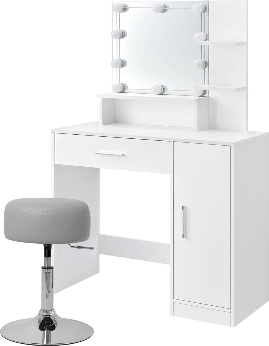 Kaptafel 90x38x137 cm in wit met LED verlichting, spiegel, lade, kast & 3 planken ML-Design