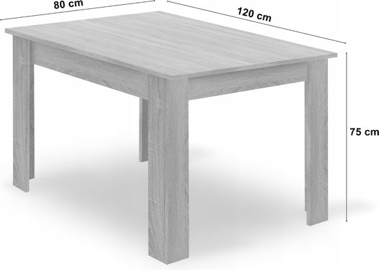 Houten tafelblad met eiken sonoma print, witte poten. Afmetingen 120x80 cm, hoogte 75 cm.