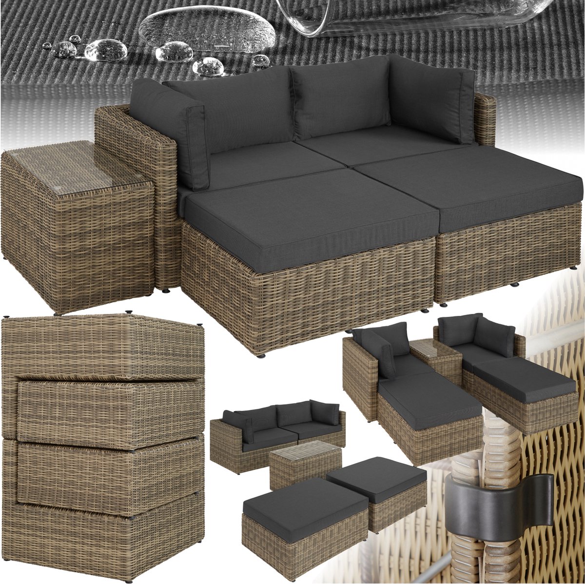 tectake® Luxe Wicker Loungeset - Modulaire Bank met Tafel en Kruk - Balkonmeubel - Tuinset - Weerbestendig - Ligbedden - Natuurkleur