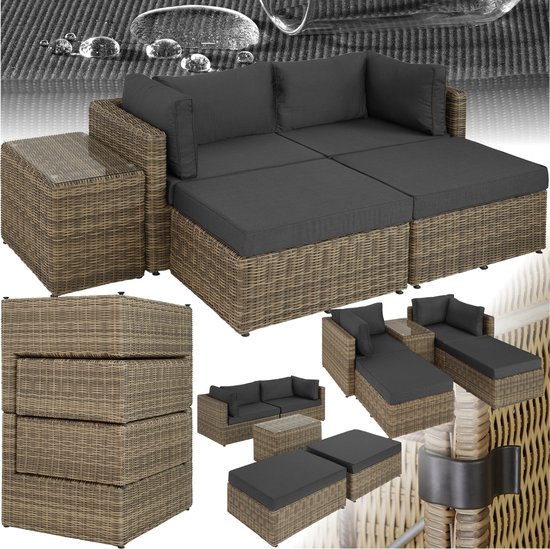 tectake® - Luxe wicker loungeset outdoor- Modulaire bank met bank- Tafel en kruk - Balkonmeubel - Tuin- terras- tuinmeubelset weerbestendig - Ligbedden - natuurkleur