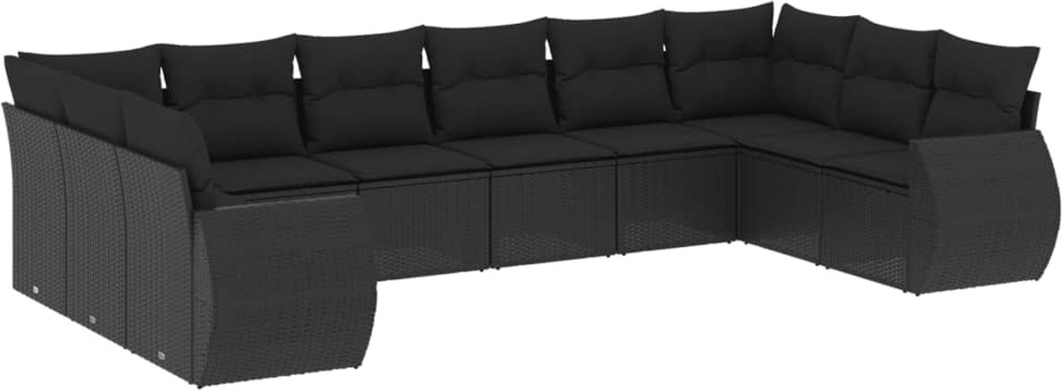 The Living Store 10-delige Loungeset met kussens poly rattan zwart - Loungebank - Lounge Set - Tuinset - Buitendecoratie - Tuinbank