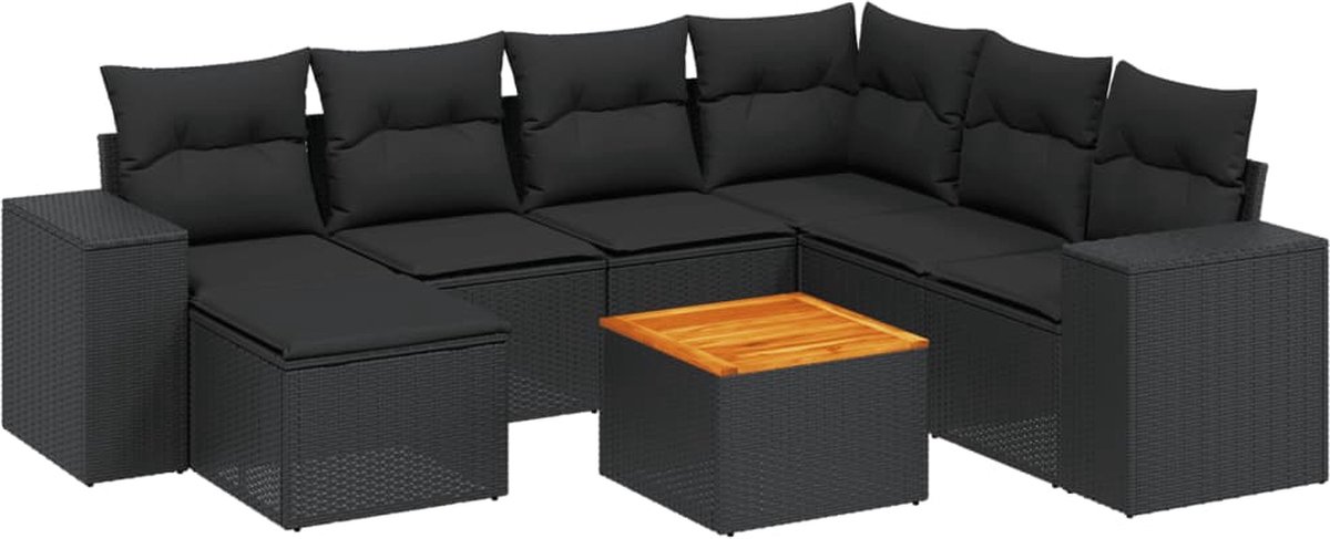 Zwarte poly rattan loungeset met kussens voor tuinmeubels en buitendecoratie.