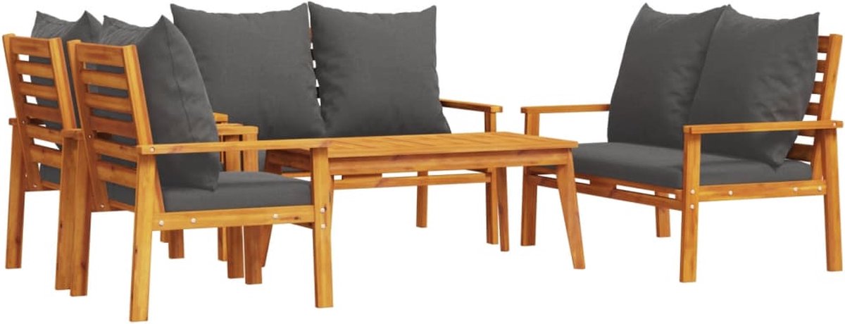 Massief acaciahouten loungeset met kussens in tuinsetting.