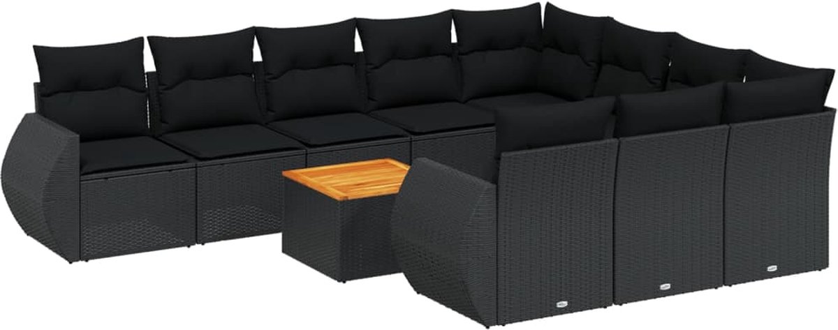 The Living Store 11-delige Loungeset met kussens poly rattan zwart - Loungebank - Lounge Set - Buitendecoratie - Tuinlounge - Terrassenset