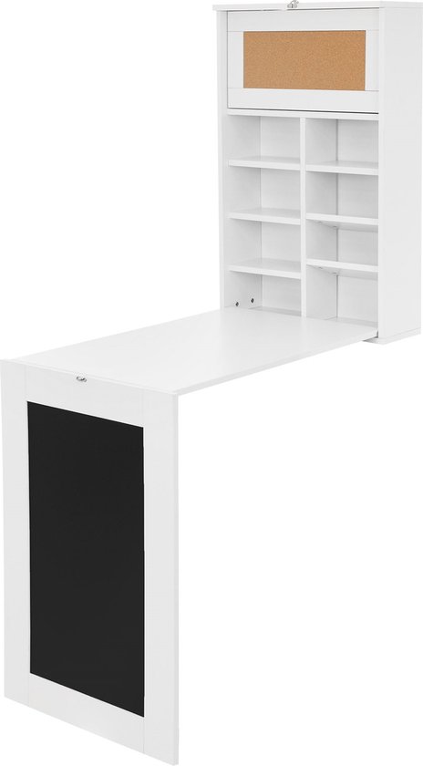 COSTWAY Wandklaptafel, wandtafel met opbergvakken en lade, klaptafel, opvouwbaar computerbureau, bureau voor kleine kamers en thuiskantoor (wit