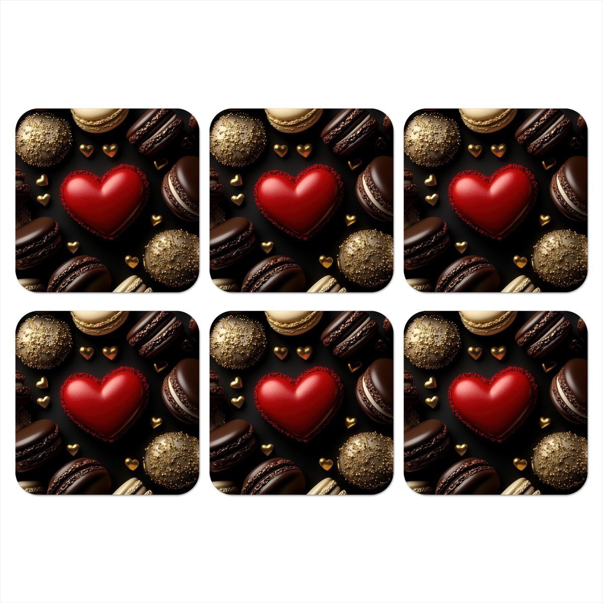 Onderzetters voor glazen - Macarons - Rood - Hart - 10x10 cm - Glasonderzetters - 6 stuks