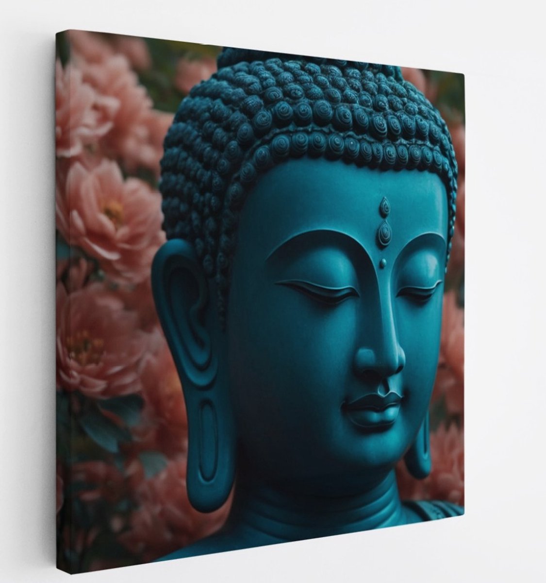 Saammp Canvas Schilderij - Boeddha in bloementuin - 40x40 - Foto op canvas - Wanddecoratie - Muurdecoratie Woonkamer - Canvas schilderijen Multicolor