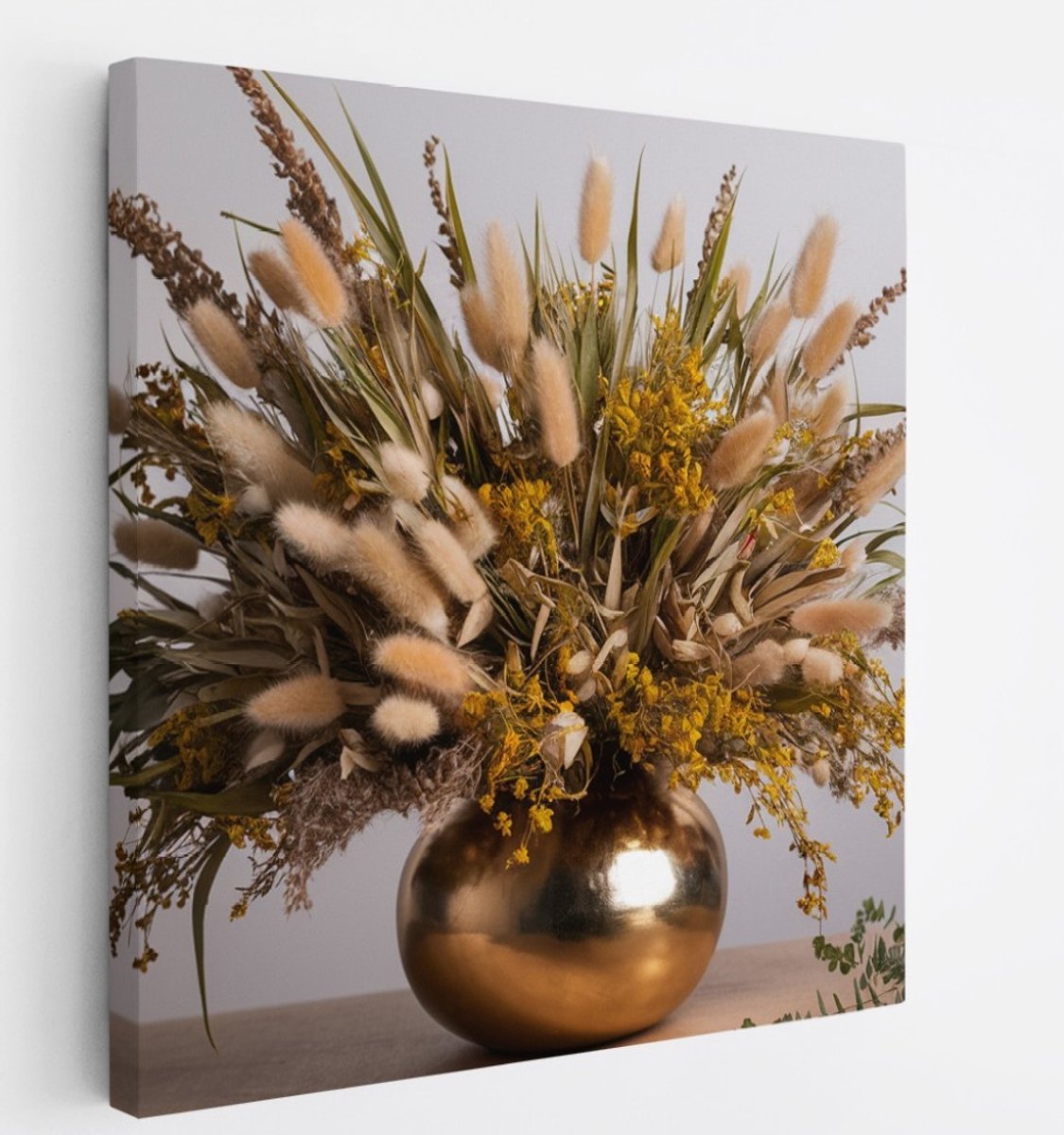 Saammp Canvas Schilderij - Gedroogde Bloemen in goude vaas - Natuur - Abstract - 40x40 - Foto op canvas - Wanddecoratie - Muurdecoratie Woonkamer - Kantoor Decoratie Multicolor