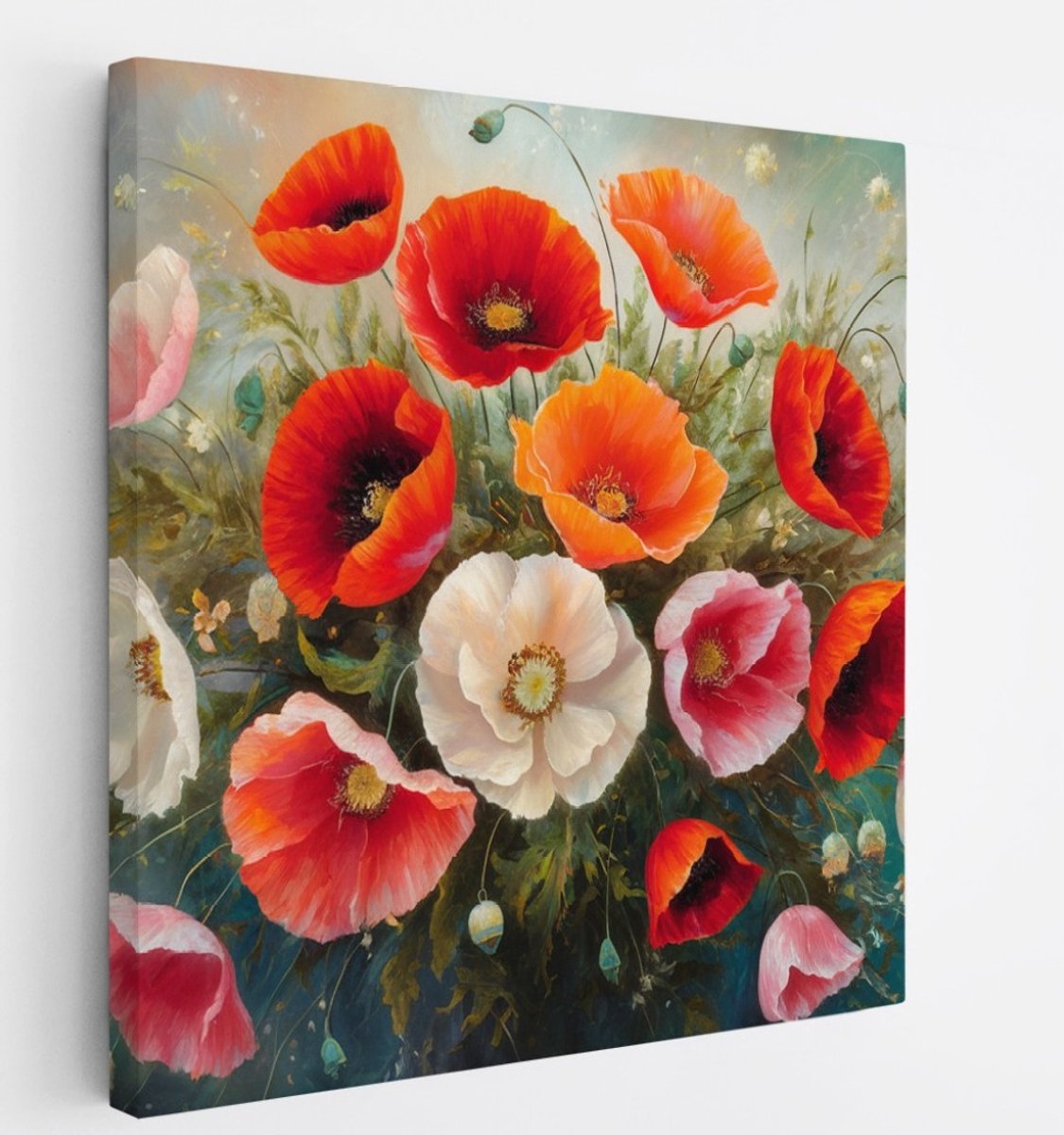 Saammp Canvas Schilderij - Bloemen Boeket Wit en Oranje - Natuur - Abstract - 60x60 - Foto op canvas - Wanddecoratie - Muurdecoratie Woonkamer - Kantoor Decoratie Multicolor