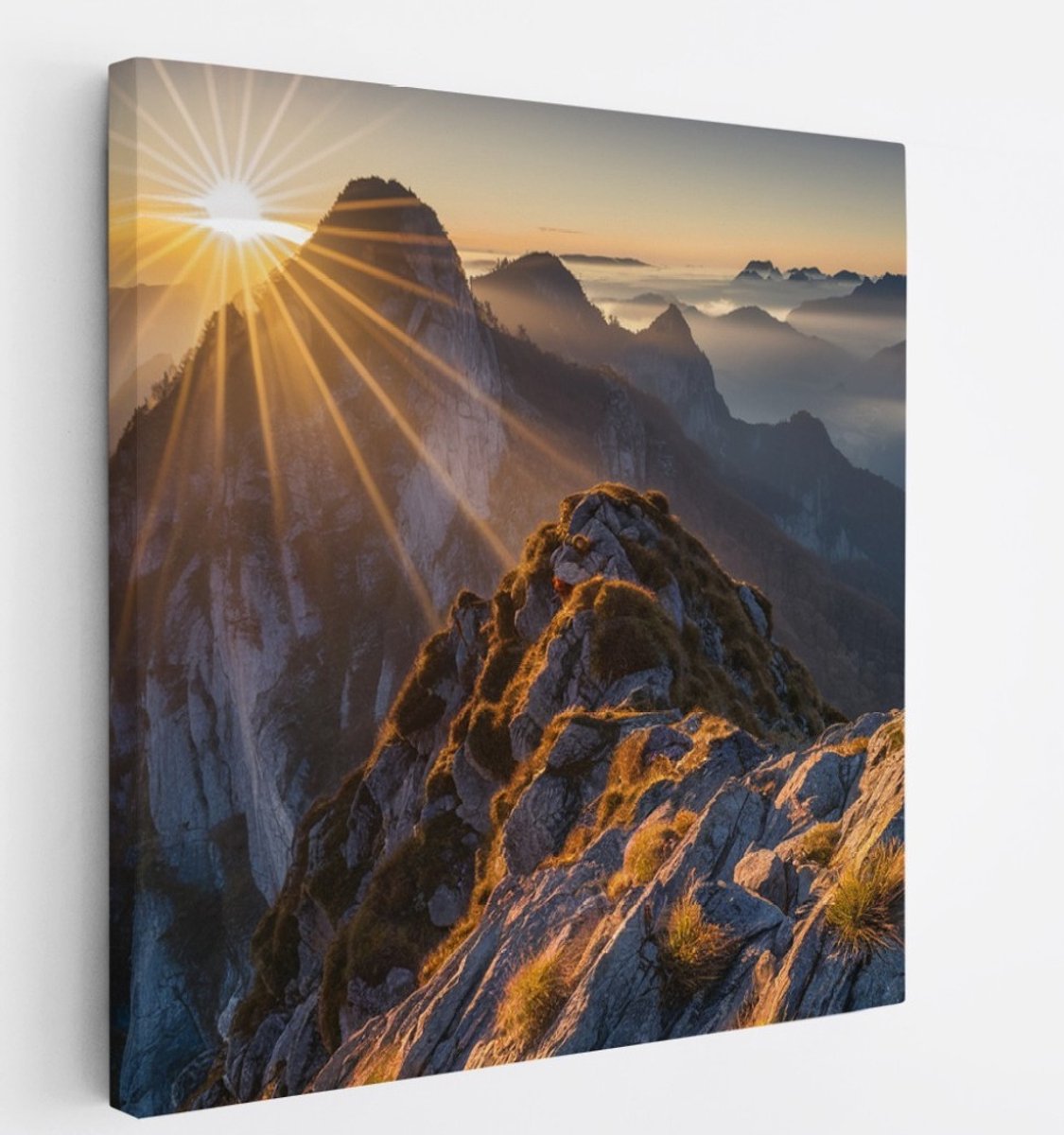 Saammp Canvas Schilderij -Bergtoppen met zonsopgang - Landschap - Natuur - 60x60 - Foto op canvas - Wanddecoratie - Muurdecoratie Woonkamer - Slaapkamer decoratie - Canvas Print