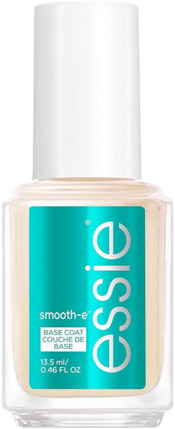 Essie smooth-e base coat nagellak in een doorzichtig flesje met een turquoise label.