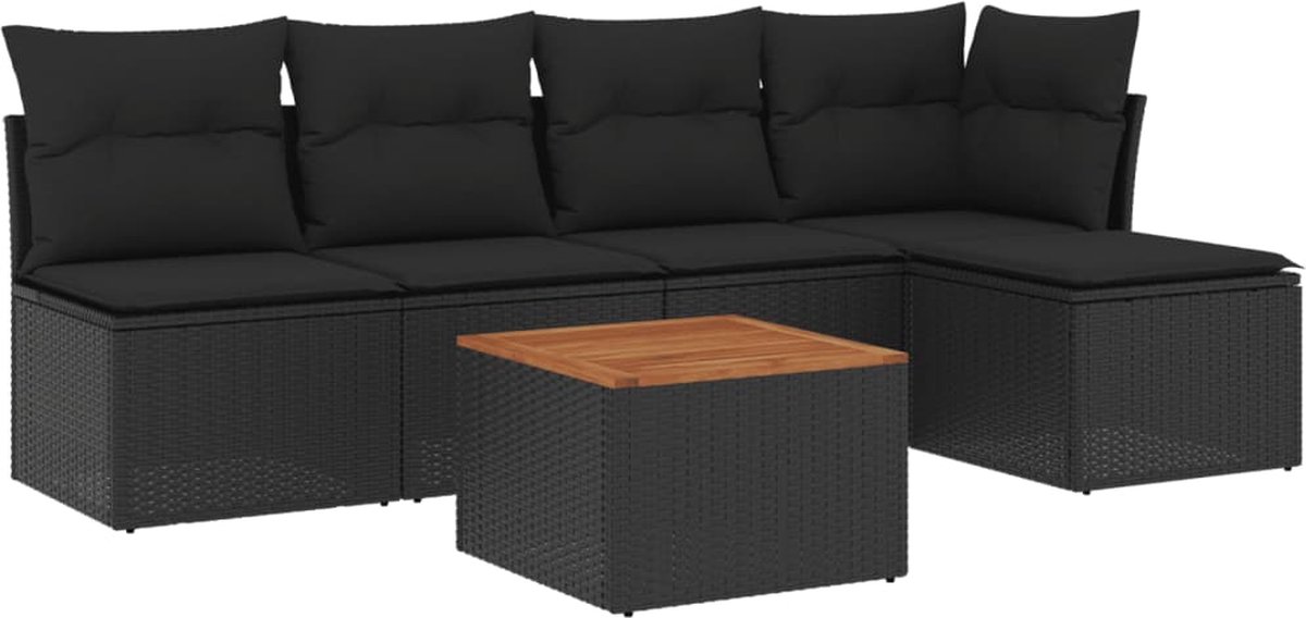 Zwarte poly rattan loungeset met kussens voor buiten - Tuinmeubelen.