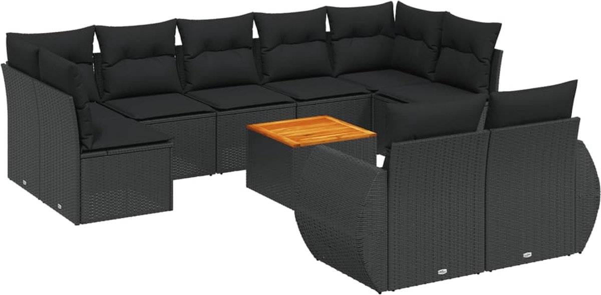 The Living Store 10-delige Loungeset met kussens poly rattan zwart - Loungebank - Lounge Set - Buitendecoratie - Tuinmeubels - Loungewagen