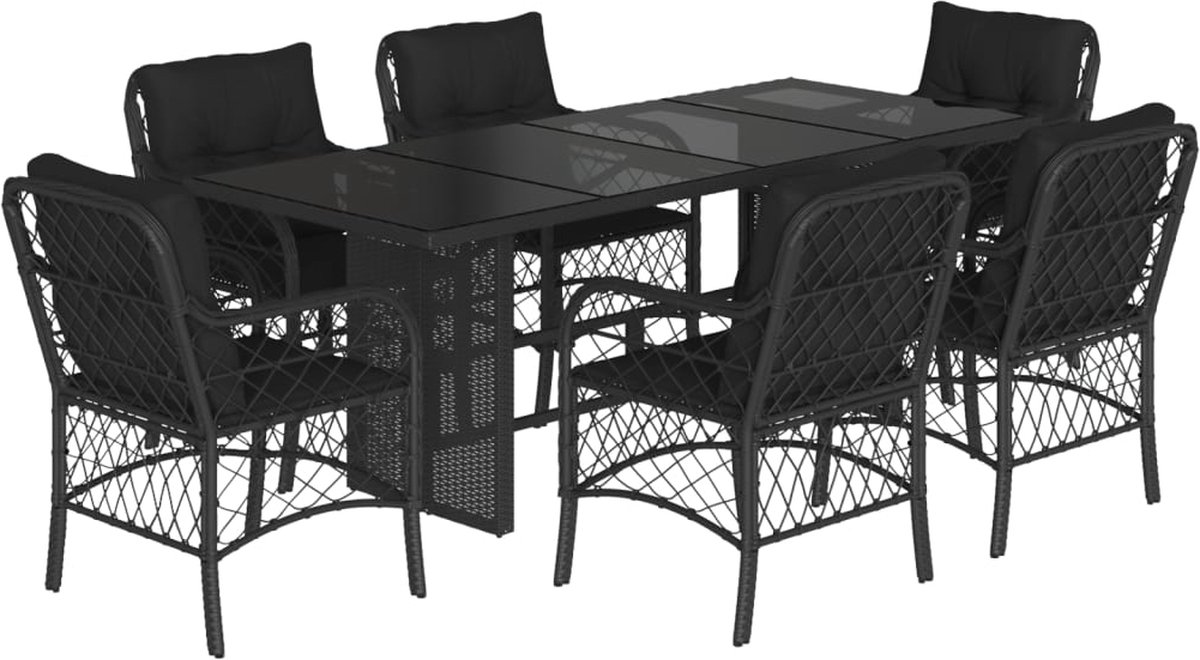The Living Store 7-delige Tuinset met kussens poly rattan zwart - Tuinstoel - Eetkamerset - Buis Meubel - Outdoor Set - Lounge Set