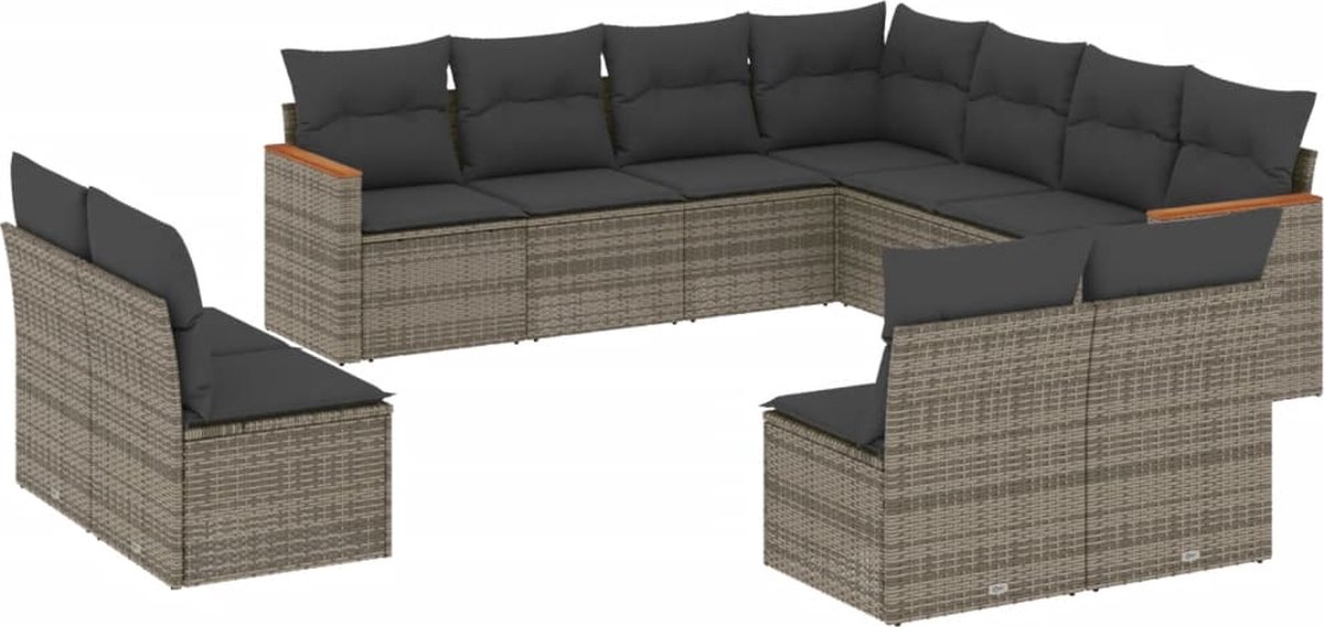 The Living Store 11-delige Loungeset met kussens poly rattan grijs - Loungebank - Lounge Set - Tuinset - Buitendecoratie - Tuinbank