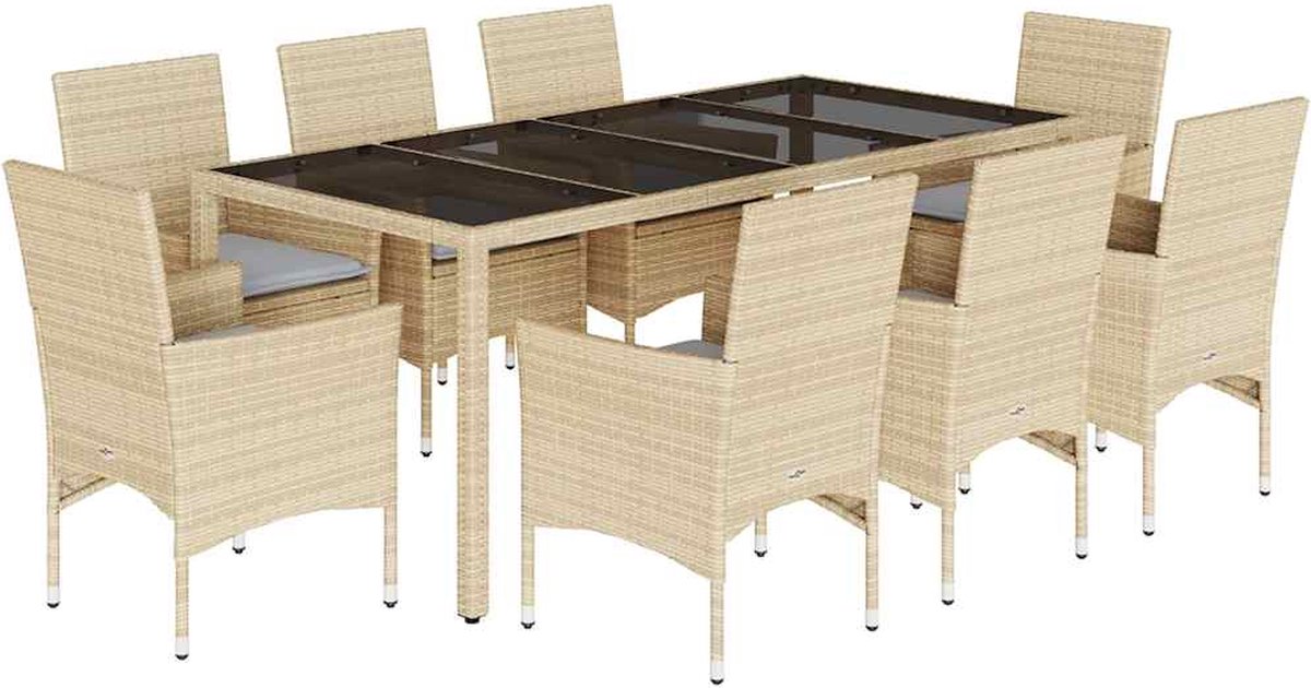 The Living Store 9-delige Tuinset met kussens poly rattan en glas beige - Tuin Set - Eetkamerset - Buis Meubel - Lounge Set - Outdoor Furniture
