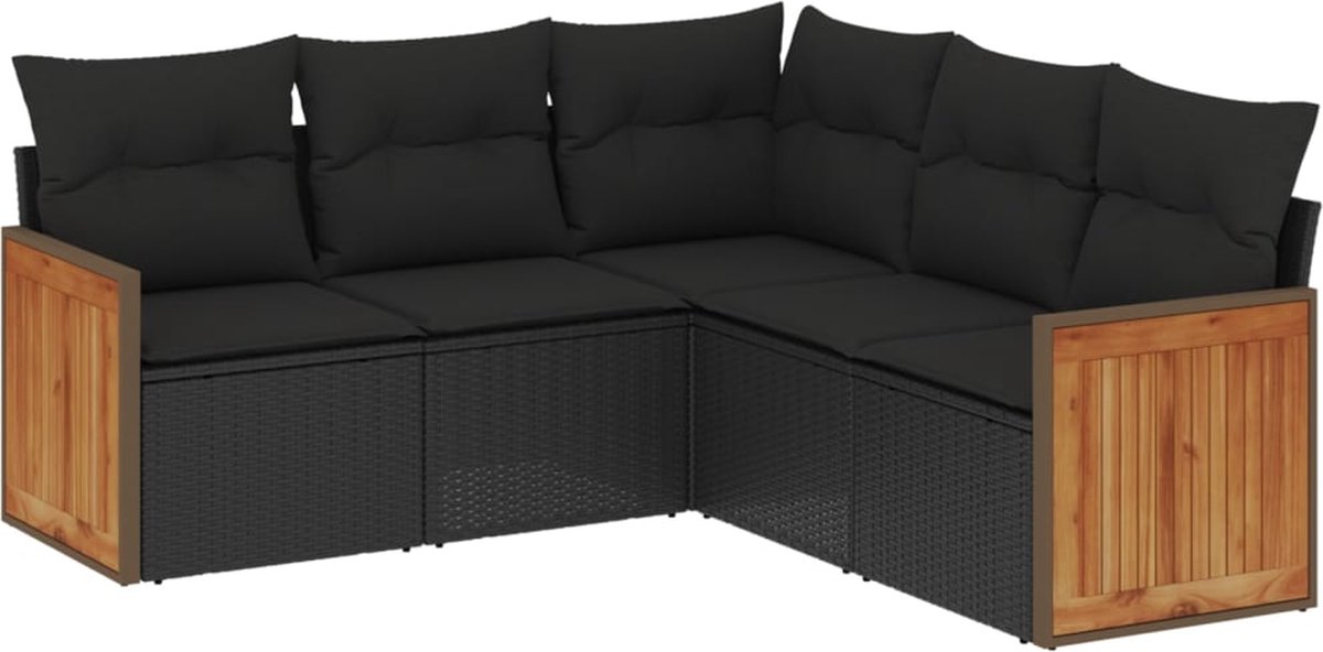 Zwarte poly rattan loungeset met kussens voor buiten - Tuinmeubilair.