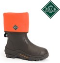 Bruine laars met opvouwbare oranje fleece voering en Muck Boot Company logo.