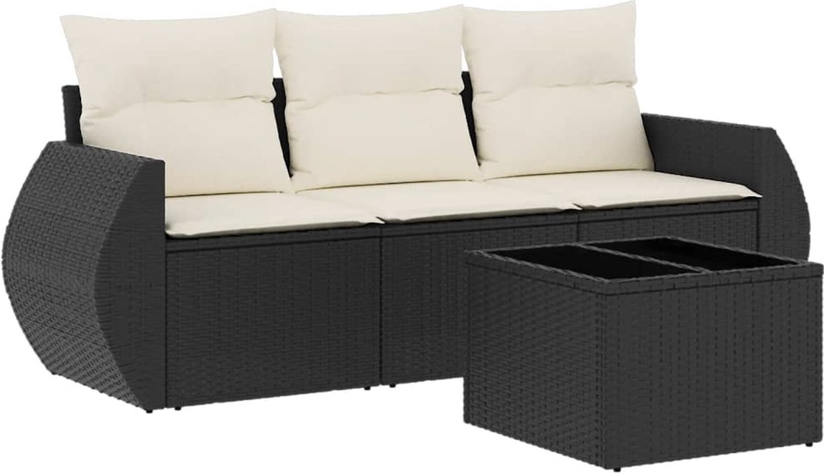 The Living Store 4-delige Loungeset met kussens poly rattan zwart - Loungeset - Tuinbank - Buitendecoratie - Lounge Set - Tuinmeubels
