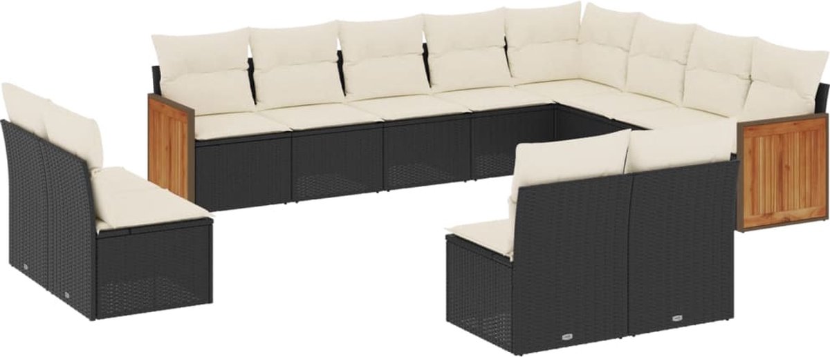 The Living Store 12-delige Loungeset met kussens poly rattan zwart - Loungebank - Tuinset - Lounge Set - Buitendecoratie - Tuinmeubels